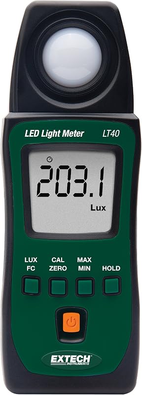 Extech LT40 Medidor de luz LED blanco, Lux y vela de pie, 4000 unidades | LED blanco e iluminación estándar, hasta 400 000 lux (40 000 Fc), 4000 cuentas, MIN/MAX/promedio, apagado automático, 2 AAA