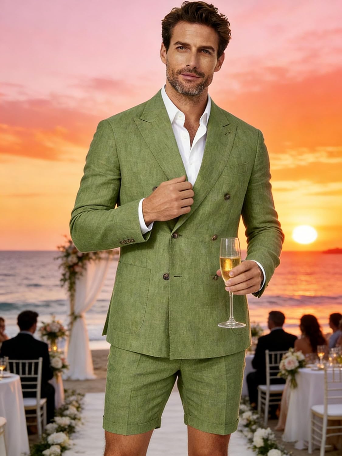 Men's Linen Suits Beach Wedding Retro Double Breasted Suit Men Jacket and Pant 2 Piece Set Tux Prom Suit Groom Outfit