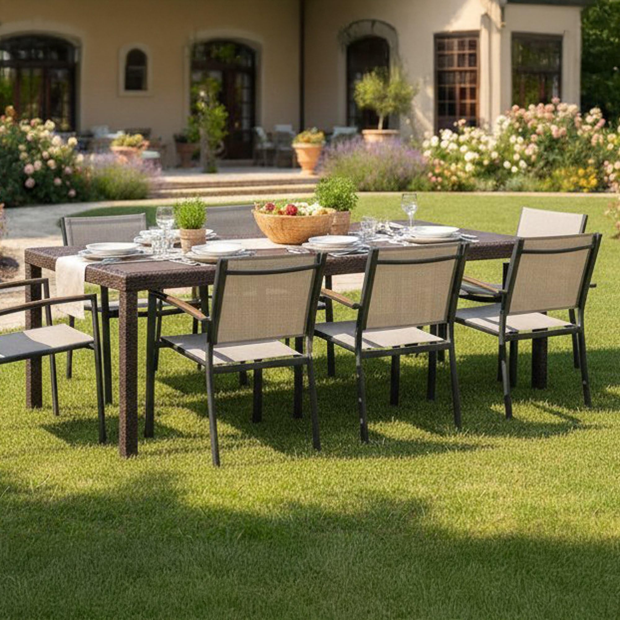 Tavolo da esterno Roma, Ripiano rettangolare allungabile da pranzo, Tavolo da giardino estensibile Effetto Rattan, 100% Made in Italy, 150/220x90h72 cm, Marrone