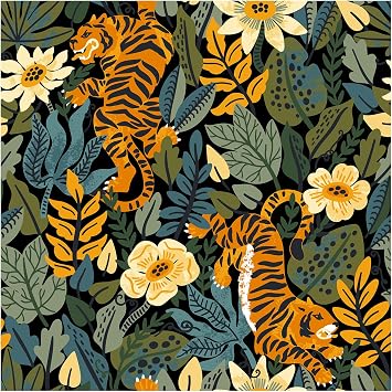 HAOKHOME Tiger Wallpaper Peel and Stick Wallpaper Jungle Tropical Floral