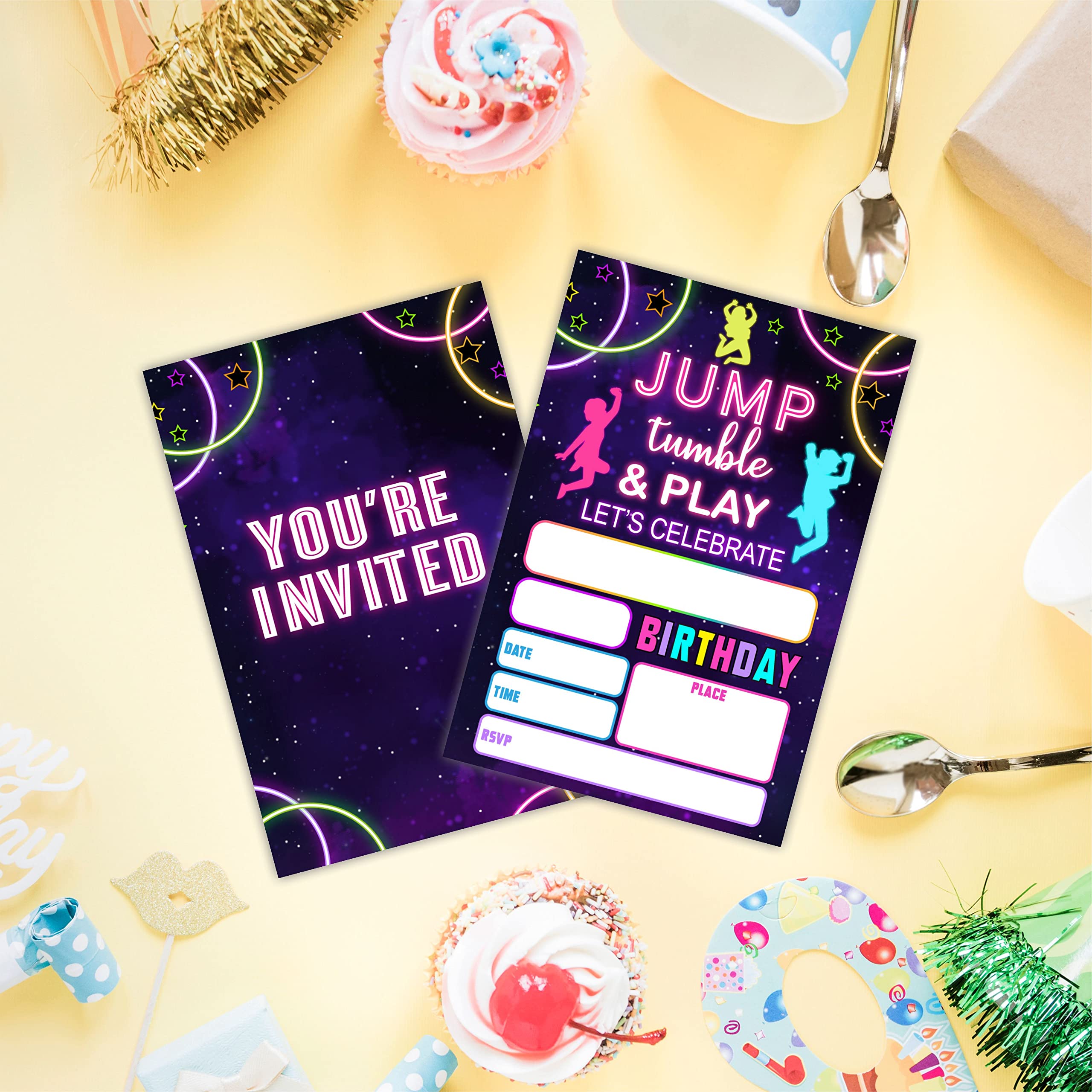 Run Jump Tumble Play Kids Party Birthday Invitation, Gymnastics Party Invite, Bounce House Jump Park, Boys Or Girls Invite, Twin Birthday