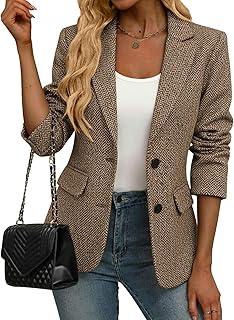 2025 Women's Winter Herringbone Tweed Blazer - Warm Fully Lined Notched-...