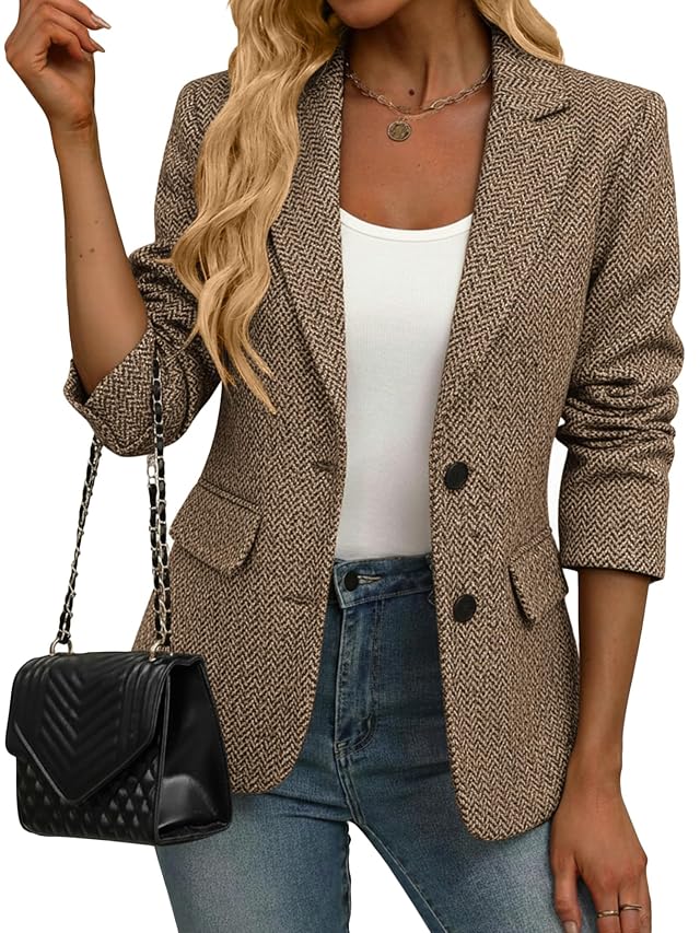 Mina Self 2025 Womens Winter Herringbone Tweed Blazer - Warm Fully Lined Notched-Lapel Plaid Work Office Jacket with