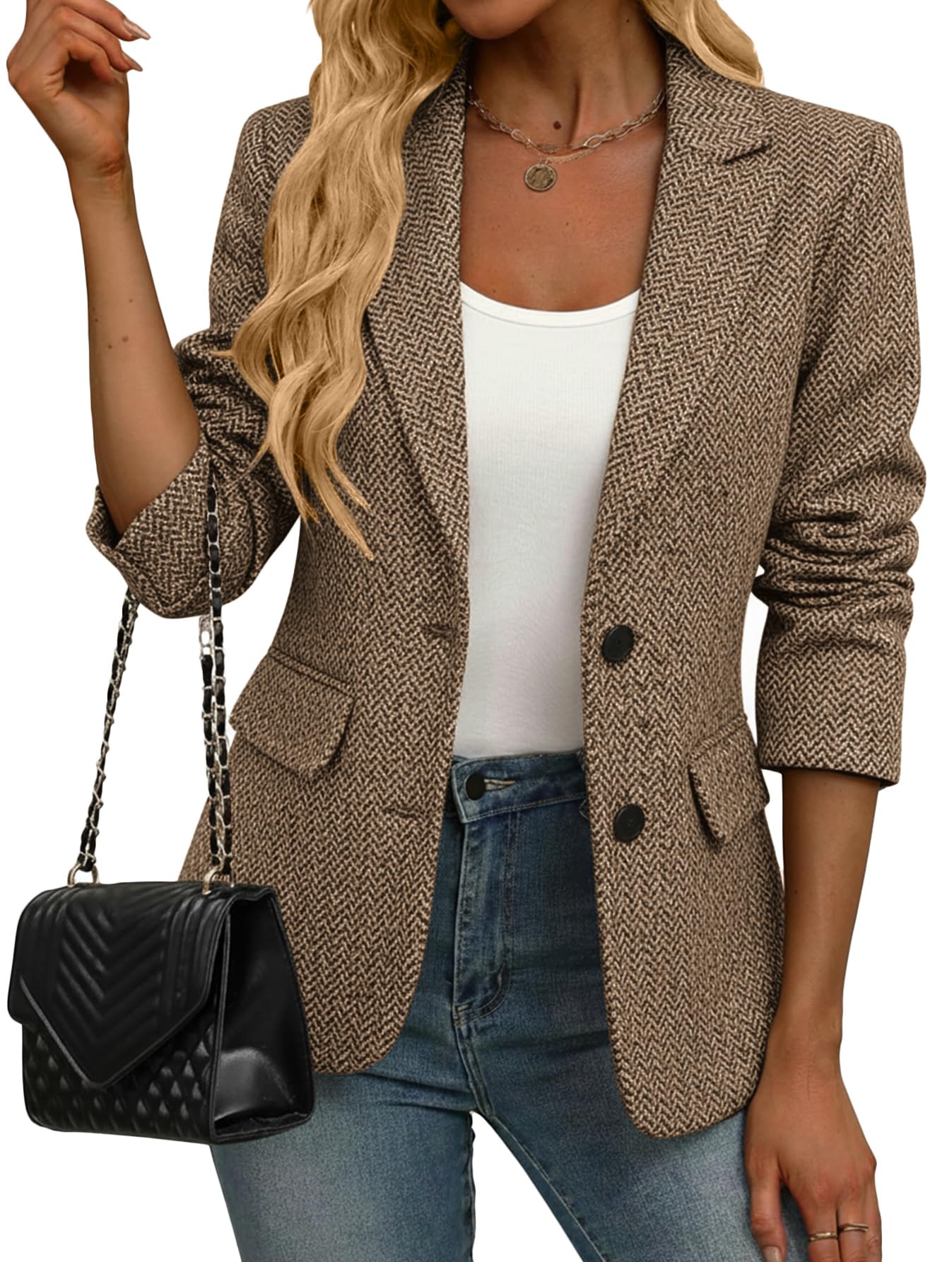 Mina Self 2025 Womens Winter Herringbone Tweed Blazer - Warm Fully Lined Notched-Lapel Plaid Work Office Jacket with