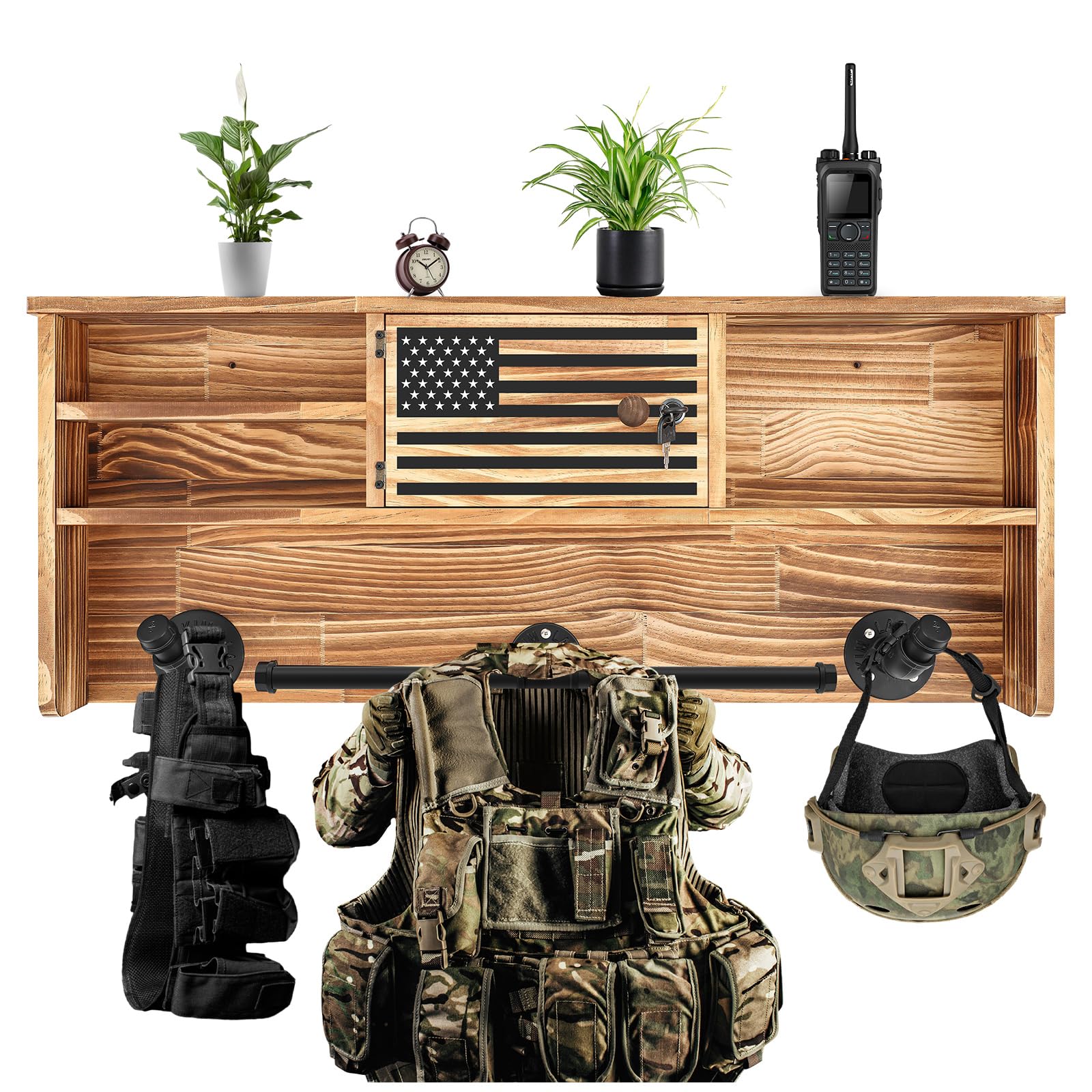 DoubleFill Police Gear Rack Wall Mounted Police Vest Hanger USA Flag Gear Stand with Gun Storage and Plate Carrier Law Enforcement Organizer Accessories for Men Father Veteran Gift