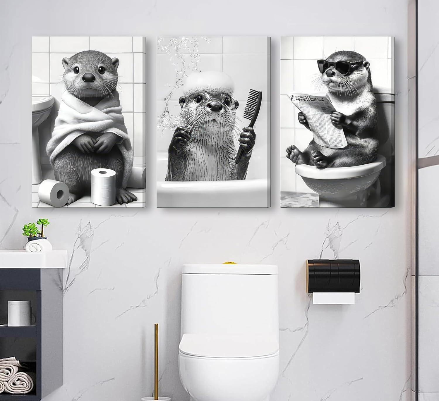 3Pcs Framed Cute Otter Canvas Wall Art Black And White Animal Poster Print Funny otter bathing and reading newspaper Picture Painting Wall Decor for Bathroom Restroom Home Decoration