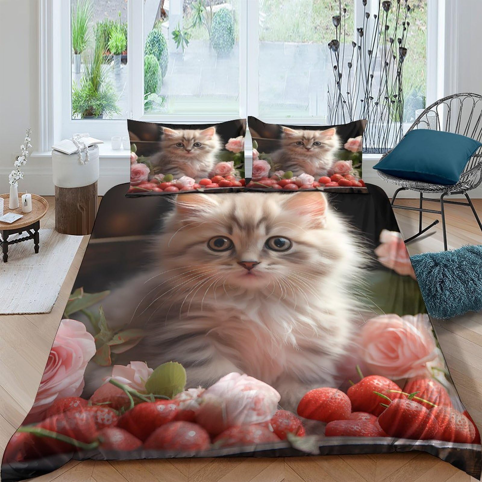 P5V6M1Q9 3D Printed Cute Kitten Strawberry Duvet Cover Microfiber Soft Breathable Floral Quilt Cover Set with 2 Pillowcases for Bedroom Home Decor Single（135x200cm）