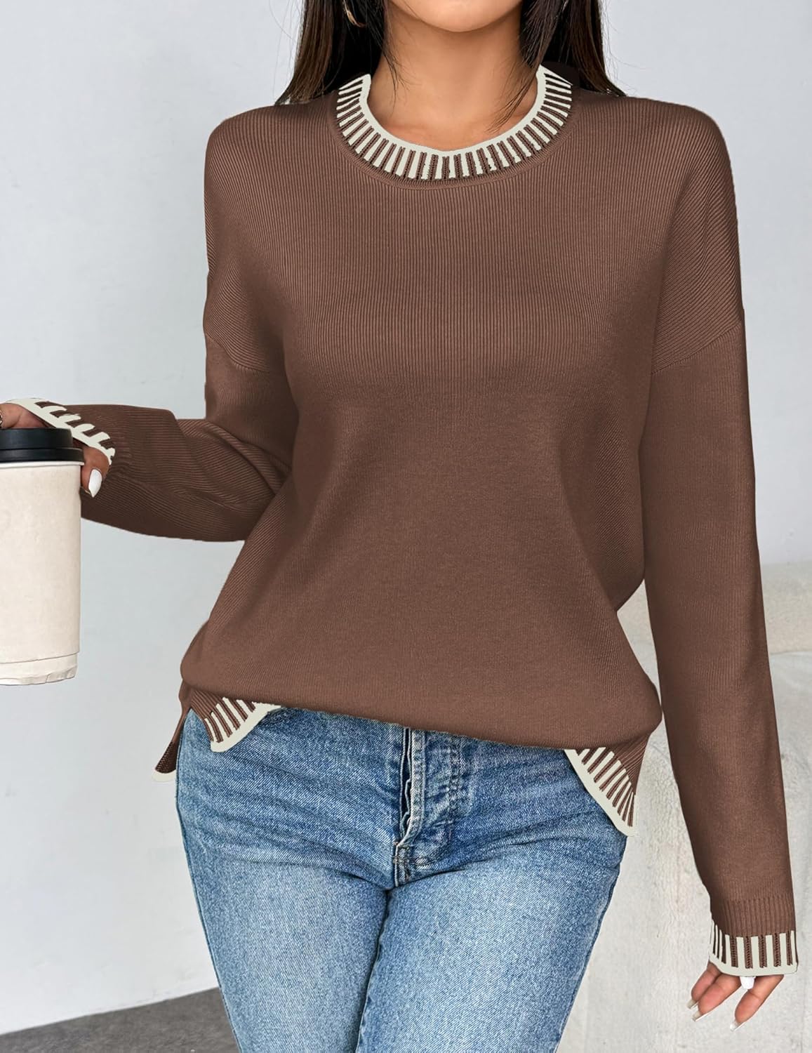 Zeagoo Womens Crewneck Pullover Sweater Long Sleeve Knit Side Slit 2025 Fall Winter Sweater Tops - Image 4