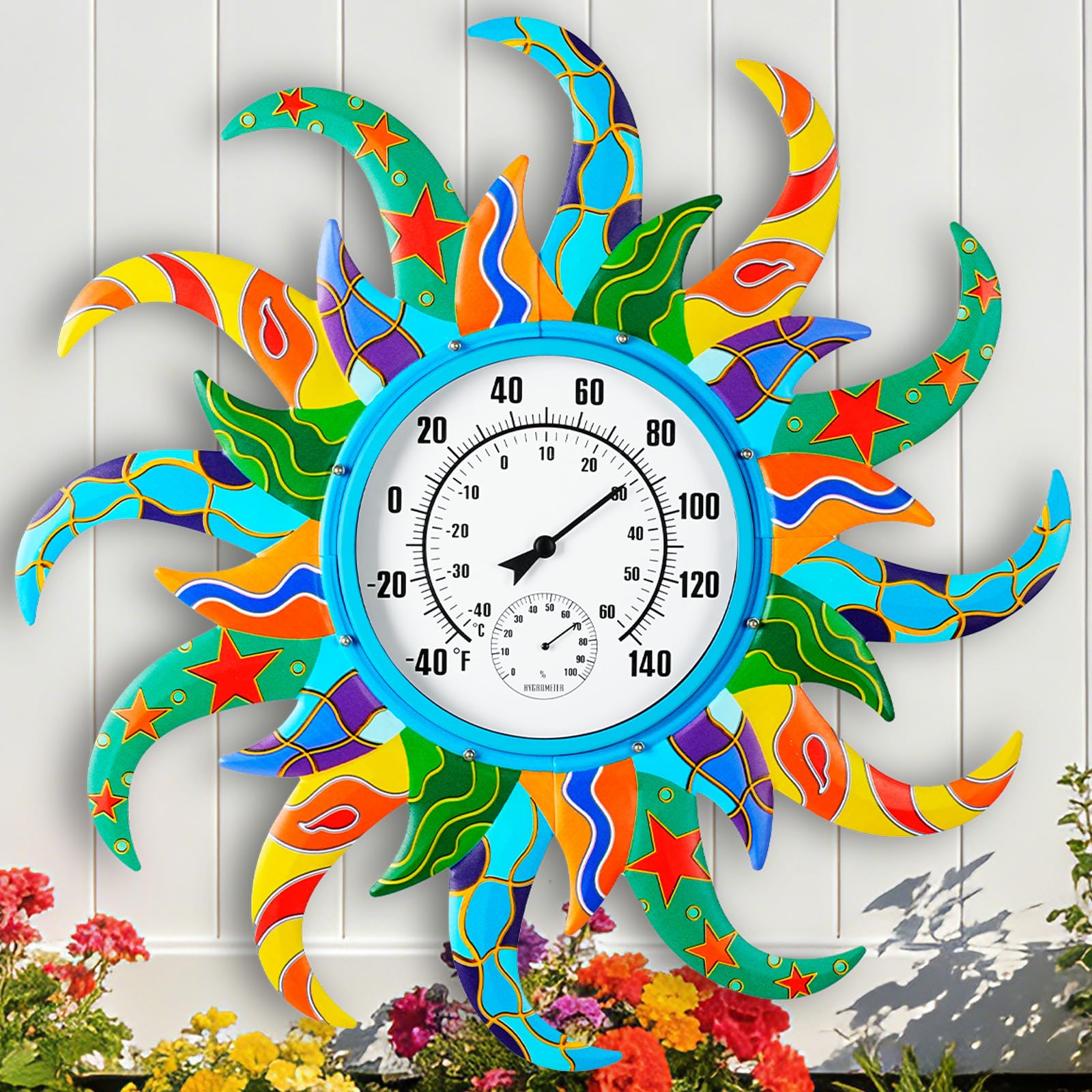 Sun, termometro e igrometro per interni ed esterni, 63 cm, termometro da parete per esterni, senza batteria, termometro decorativo da esterno facile da leggere per patio, giardino, ufficio, soggiorno