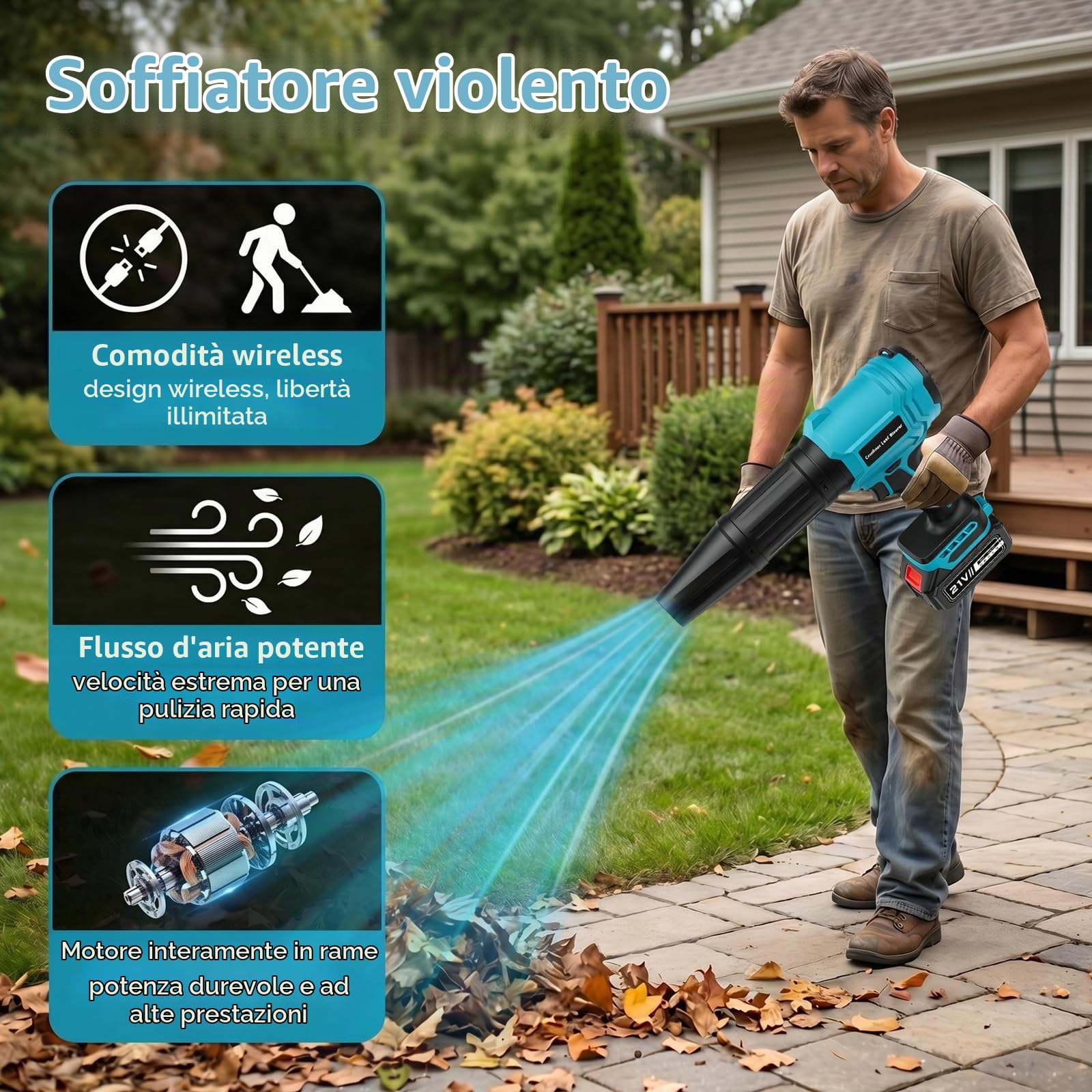 Soffiatore a batteria con 2 batterie da 4,0 Ah, motore turbo da 800.000 giri/min, velocità dell'aria 65 m/s, soffiatore senza fili con regolazione continua e 2 tubi di soffiaggio per giardino