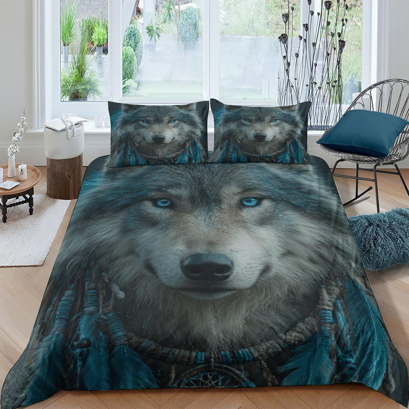 GPLZQXKJNH 3D Printed Wolf Forest Duvet Cover Microfiber Soft Breathable Animal Quilt Cover Set with 2 Pillowcases for Bedroom Decor Single（135x200cm）