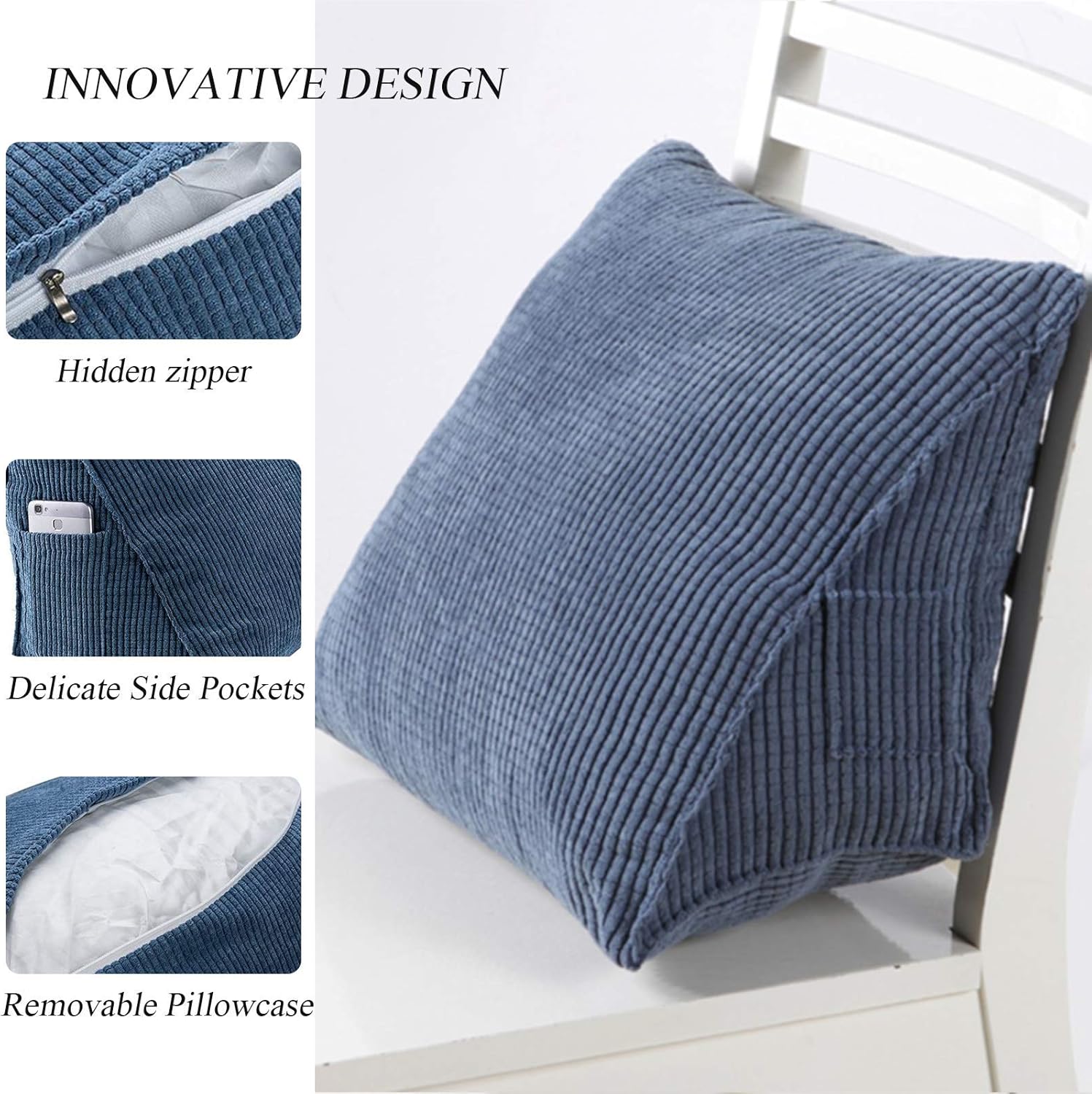 Triangle Pillow Reading & Bed Rest Pillows Headboard Pillow Wedge Corduroy Triangle Pillow Bed Wedge Pillow Triangle Wedge Cushion Pillow Reading Backrest for Bed Sofa (Blue): Kitchen & Dining