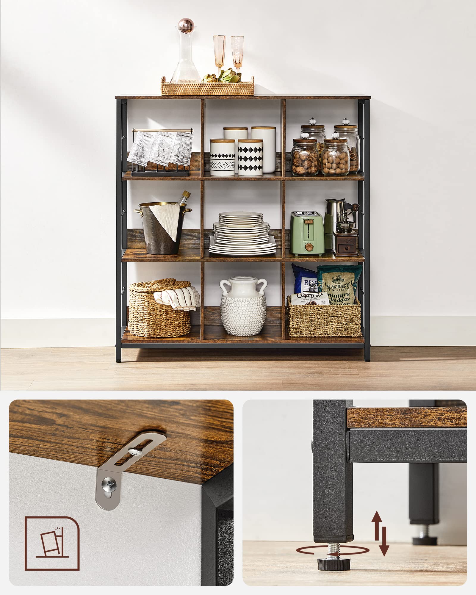 VASAGLE Estantería de Almacenamiento de 3 Niveles, Librería, Estantería Independiente con 9 Compartimiento, Salón, Estudio, Cocina, 30 x 100 x 103,1 cm, Marrón Rústico y Negro LLS112B01
