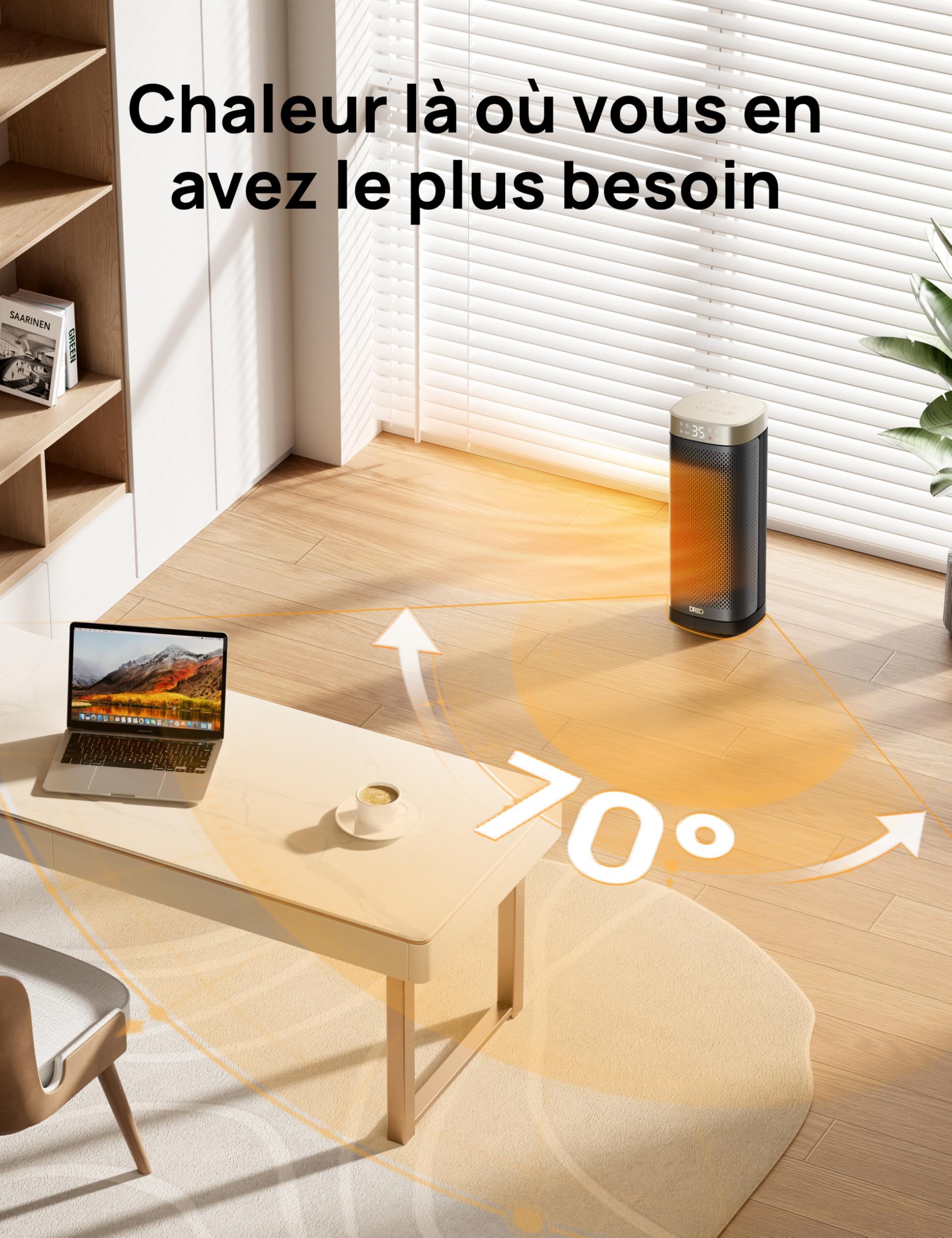 DREO Chauffage soufflant céramique 2000 W économe et silencieux avec thermostat, minuterie 12 h, 3 modes, oscillation 70°, protection anti-surchauffe et anti-basculement, Solaris Slim H2, Or