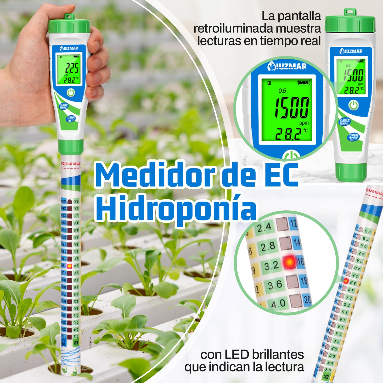 UIUZMAR Medidor de EC Agua Hidroponia, Medidor de Conductividad PPM CF | Medidor de Agua TDS 5 en 1, Conductimetro Portatil (EC, PPM 500, PPM 700, CF, Temp) con Porra para Hidroponía, Acuario