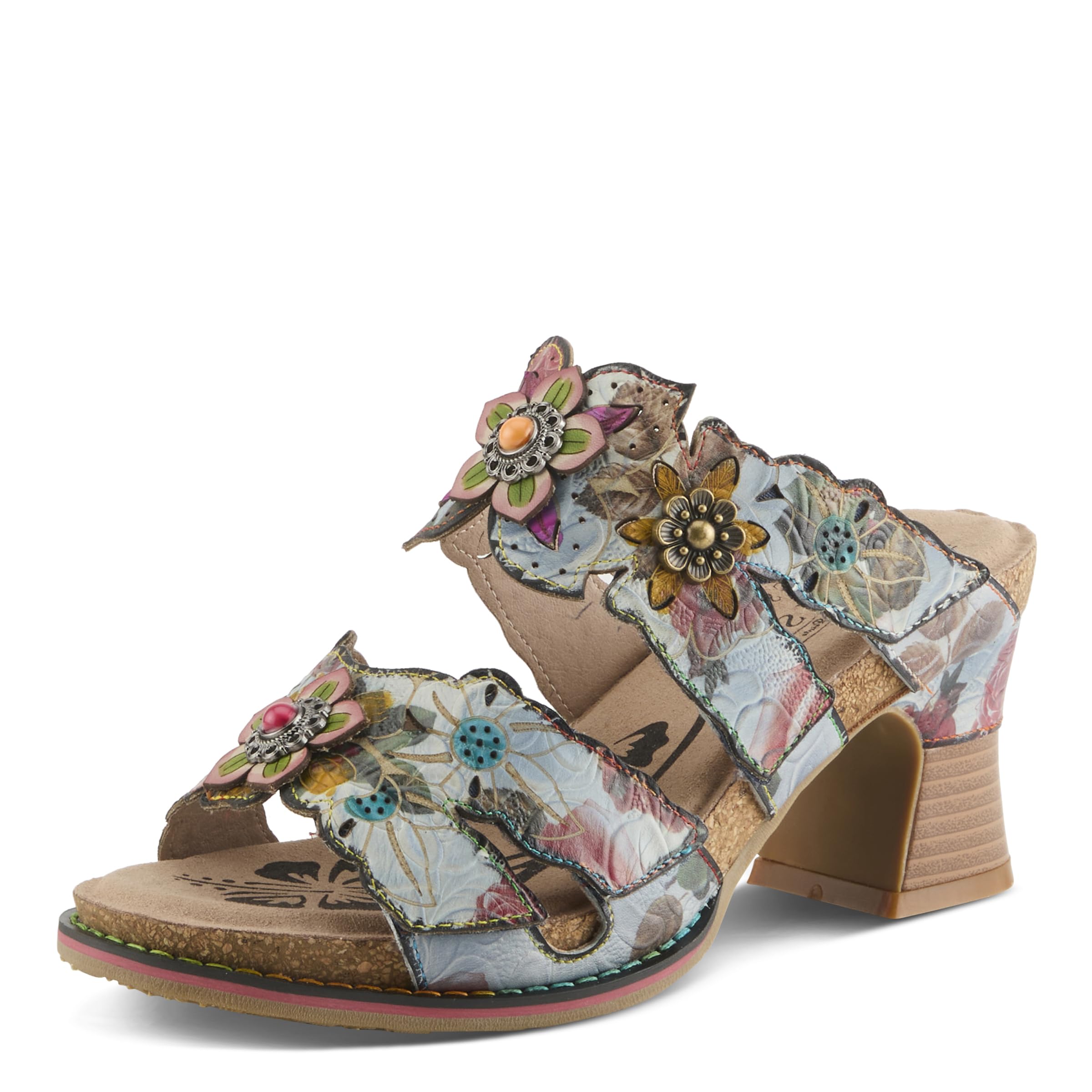 Spring Step L’Artiste Radiating Women's Sandal – Hand-Painted Floral Leather Slide with Cork Footbed - Adjustable Hook & Loop Strap, Microsuede Insole