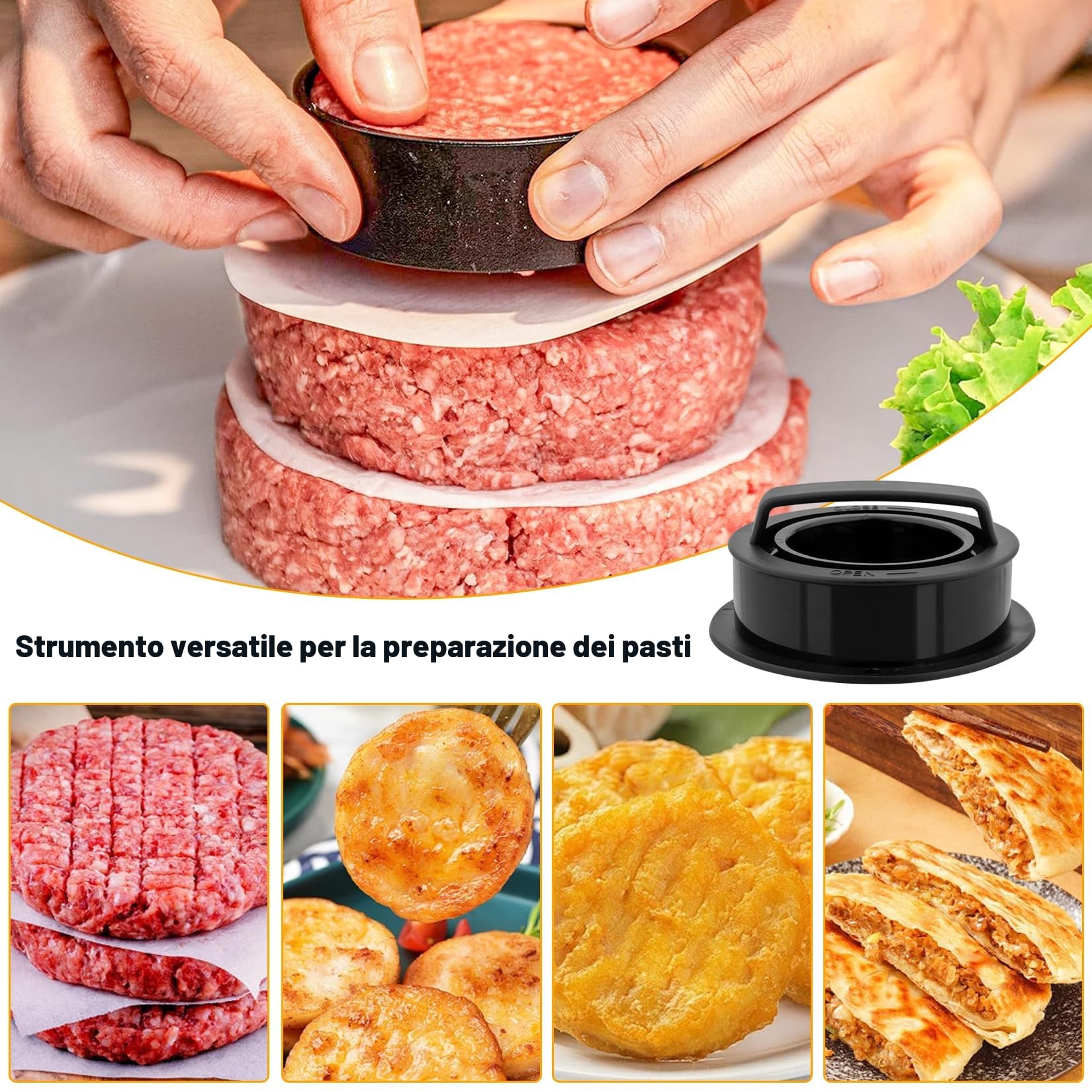 3 in 1 Pressa per Hamburger Attrezzo, Stampo per Hamburger Antiaderenti e Resistenti, Accessori Barbecue, Set Utensili Cucina, con 200 Fogli di Carta Oleata per Hamburgers