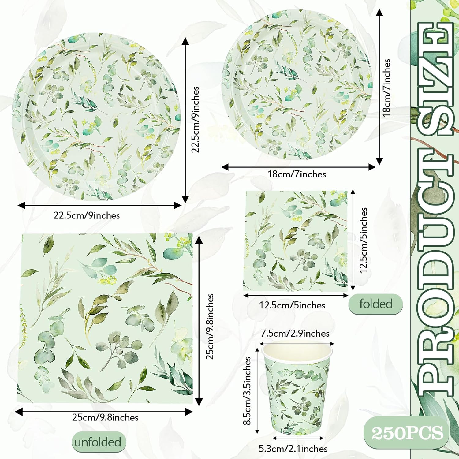 Dandat 250 Pcs Sage Green Party Plates and Cups Sets Disposable Paper Plates Cups Napkins Party Supplies Eucalyptus Dinnerware for Boho Bridal Shower Baby Shower Wedding Birthday Garden, Serves 50