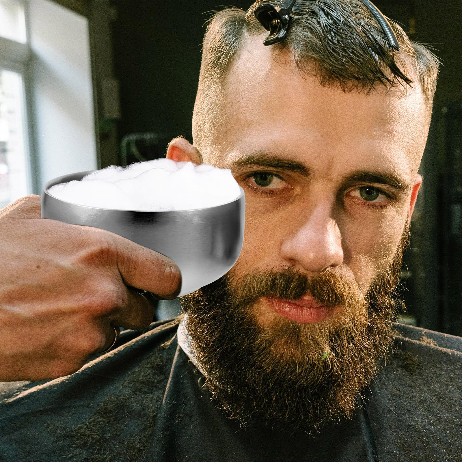 VALICLUD Ciotola da Barba Design Semplice in Acciaio Inossidabile con Coperchio Pratica e Sicura per Barber Shop e Quotidiano