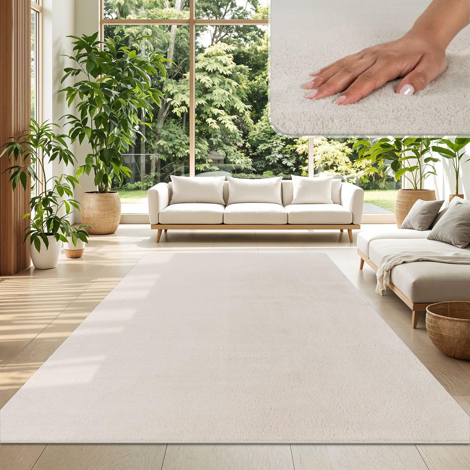 TT Home Wohnzimmer Teppich Kurzflor Anti-Rutsch Rückseite Unifarben Modern Waschbar, Farbe:Creme, Größe:300x400 cm