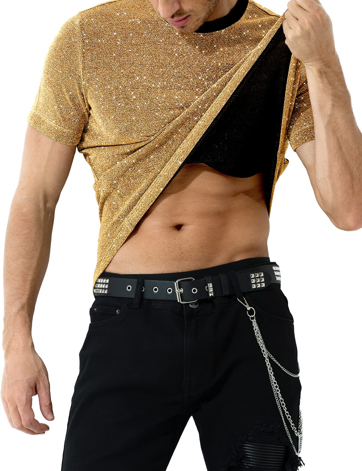 Casey Kevin Camisetas Lentejuelas Hombre Camisa Rock Fiesta Discoteca Ropa Punk Metalizada Brillo Negra Manga Corta Suaves Brillante Plateada Interior Club Nocturno Jazz Hip Hop Dance Clubwear