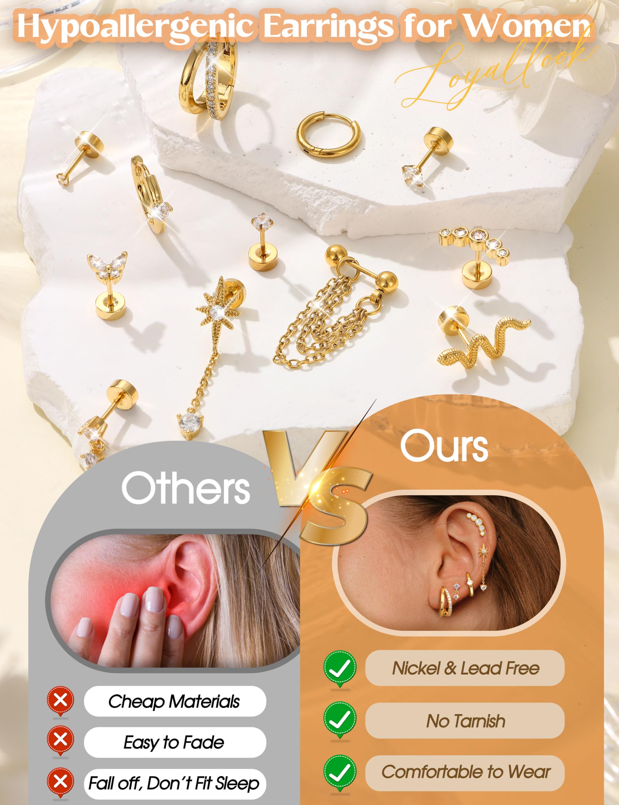 LOYALLOOK 20G Cartilage Earrings for Women Hypoallergenic Surgical Stainless Steel Stud Hoop Cartilage Earring Set 14K Gold Plated Flat Back Earrings Daith Conch Tragus Helix Piercing Jewelry Single