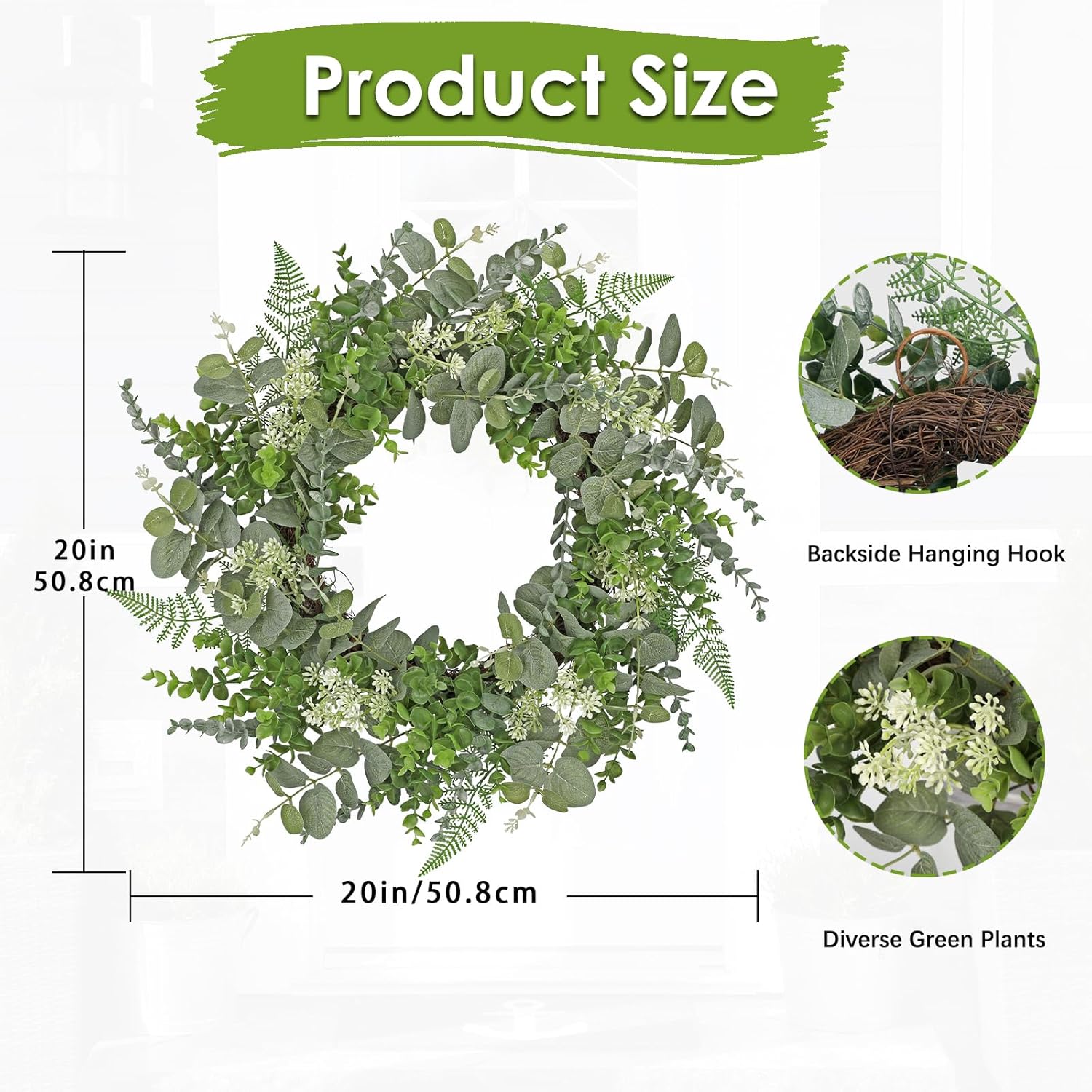 Briful 20in Eucalyptus Door Wreath Spring Summer Greenery Wreath Artificial Hanging Foliage Wreath for Front Door Outside All Season Window Mantle Farmhouse Home Decor - Image 2