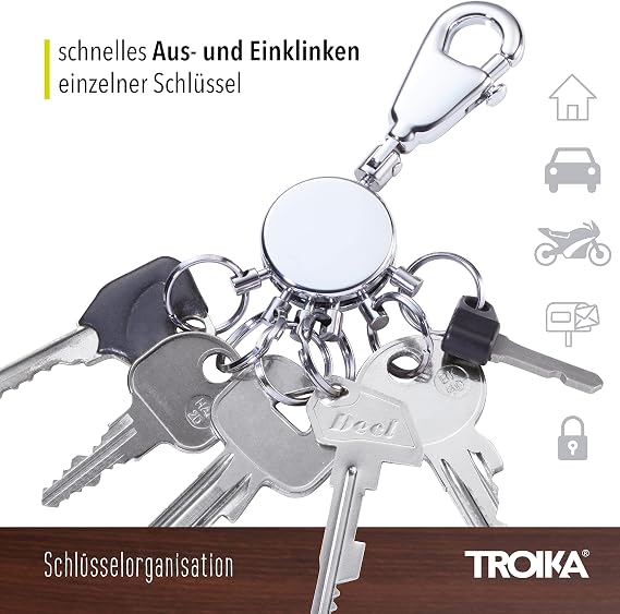 TROIKA PATENT KYR60/CH Keyring incl. Carabiner 6 exchangeable rings metal/brass shiny chrome plated silver TROIKA-original