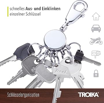 TROIKA PATENT KYR60/CH Keyring incl. Carabiner 6 exchangeable rings metal/brass shiny chrome plated silver TROIKA-original