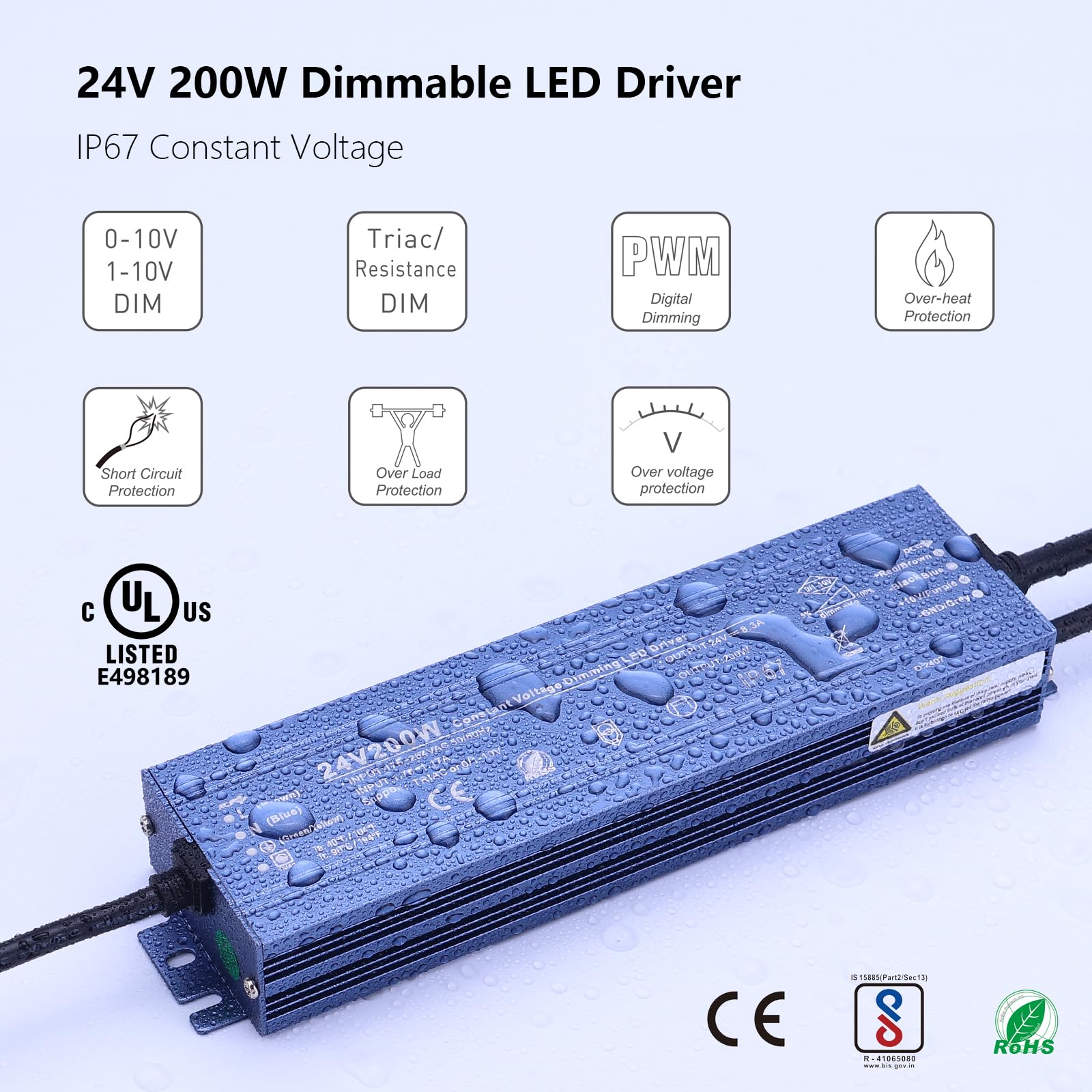 BENLUN Transformador 220V a 24V, 8,5A 200W LED Dimming Driver, IP67 Impermeable Exterior Fuente de Alimentacion, CA 200V-240V a CC 24V Voltaje Constante para LED Power Supply