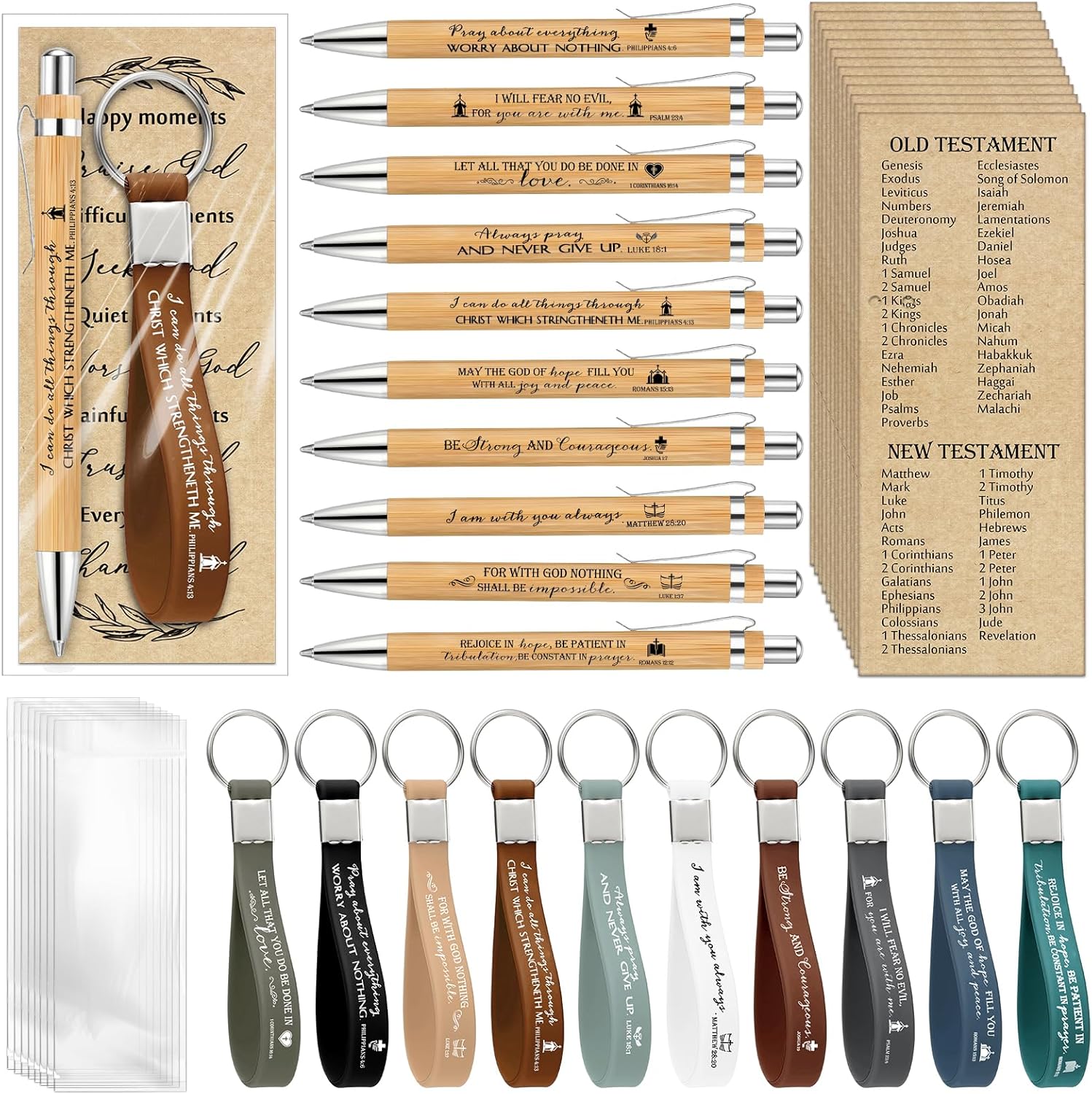 Gueevin 30 Sets Christian Party Favors Gift Bulk Mother's Day Father Day Sunday School Teacher Graduation Bible Verse Bamboo Pen Prayer Religious Bookmarks Scripture Silicone Keychain (Inspirational)