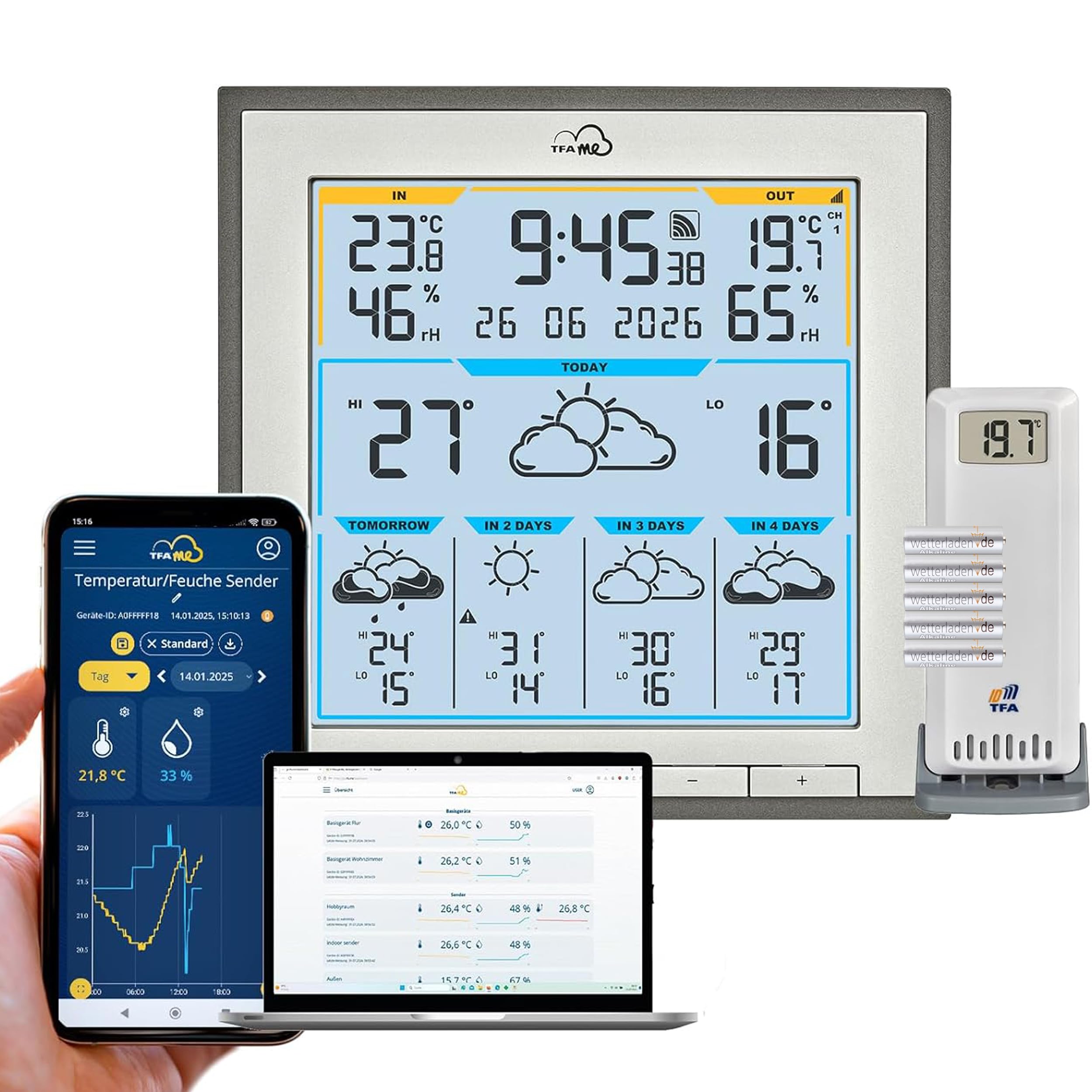 Front view of the TFA 35.8105 weather station display showing time, indoor/outdoor temperature, and weather forecast symbols.