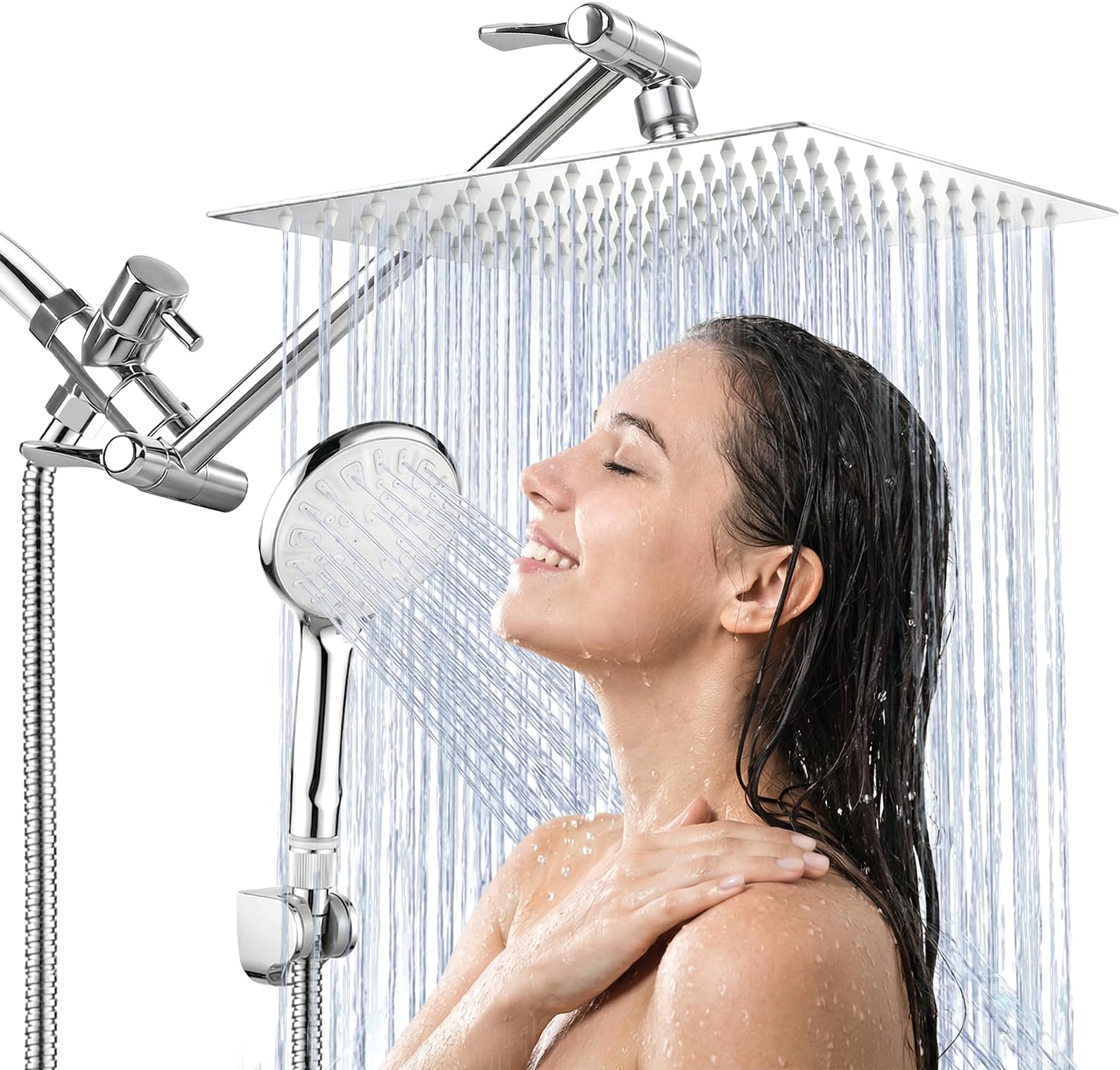 Shower Head, 10 Inch High Pressure Rainfall Shower Head/Handheld Shower Combo with 11 Inch Extension Arm, 9 Settings Adjustable Anti-leak Shower Head with Holder/Hose, Height/Angle Adjustable