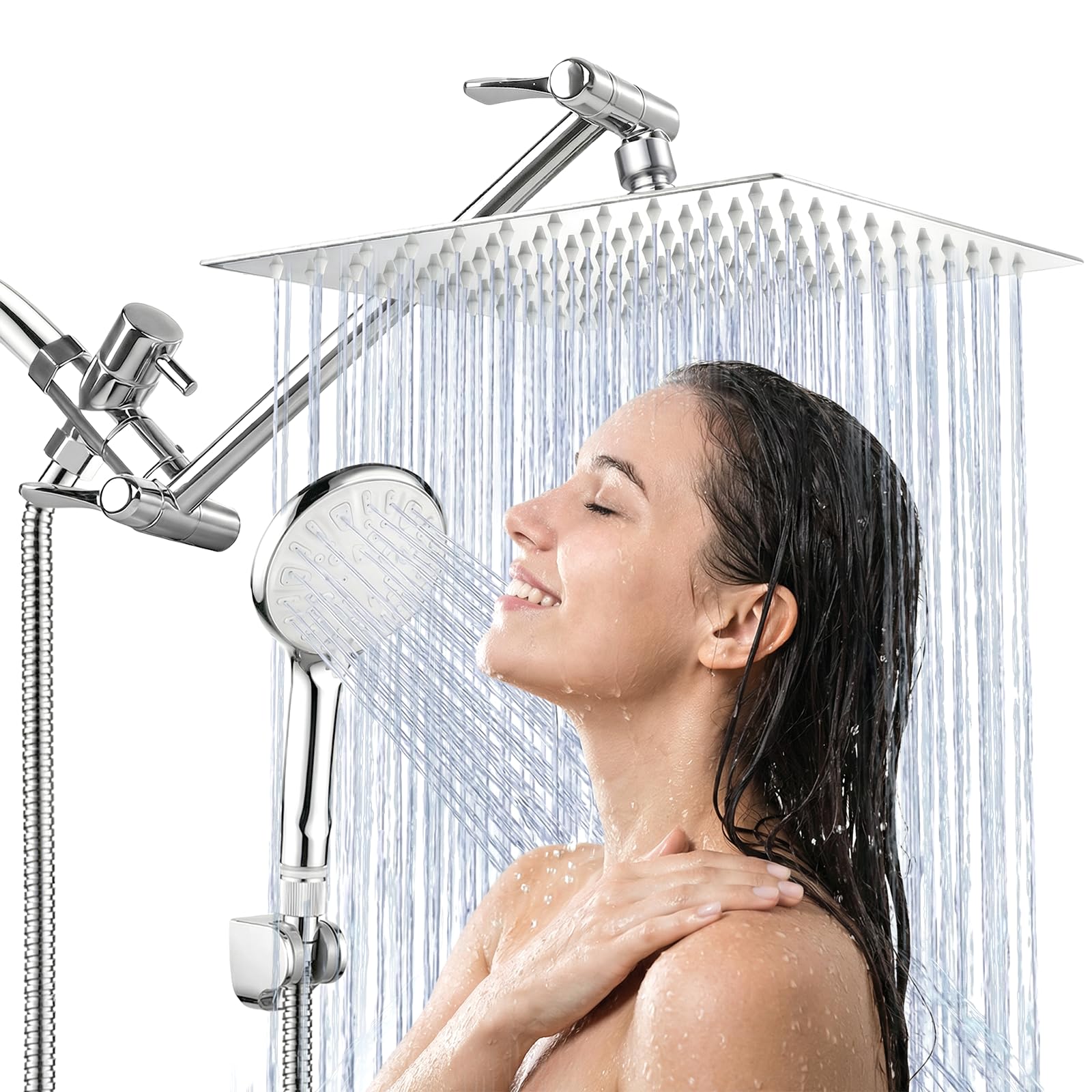 10 Inch High Pressure Rainfall Shower Head/Handheld Shower Combo with 11 Inch Extension Arm, 9 Settings Adjustable Anti-leak with Holder/Hose, Height/Angle Adjustable, Chrome
