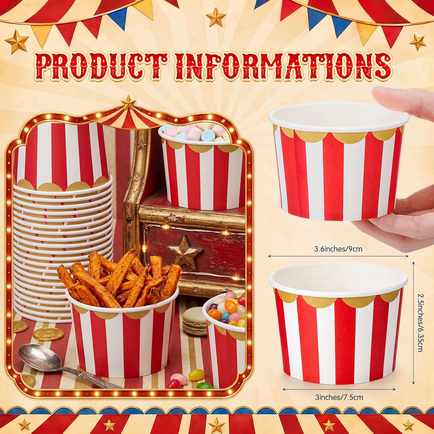 Panitay 50pcs Carnival Party Treat Snack Bowls 9oz Disposable Red and White Stripes Circus Themed Ice Cream Cups Dessert Bowls for Birthday Movie Night Carnival Themed Party