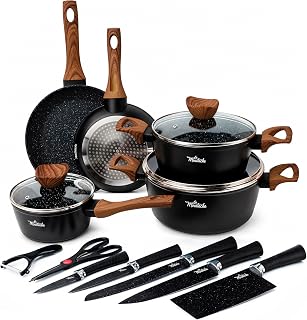 La Moustache - Batería de Cocina de Aluminio con Antiadherente | 8 Piezas Callao + 5 Cuchillos Inoxidables con Pelador de Verduras y Tijeras, Ollas/Sartenes para Todas las Cocinas, Incluso Inducción