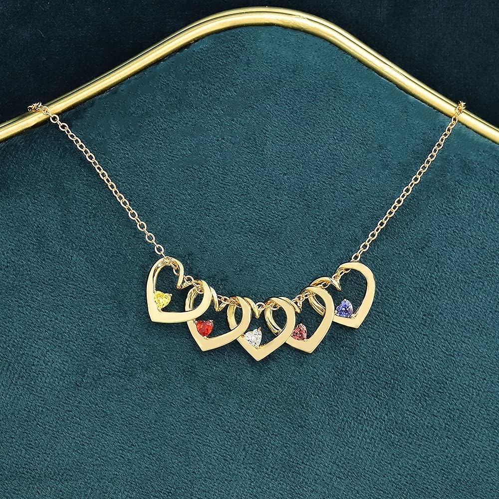 Personalized Mother Daughter Necklace with Simulated Birthstones for Women, Grandma Custom Family Names Necklace with 1-8 Heart Charms for Mom