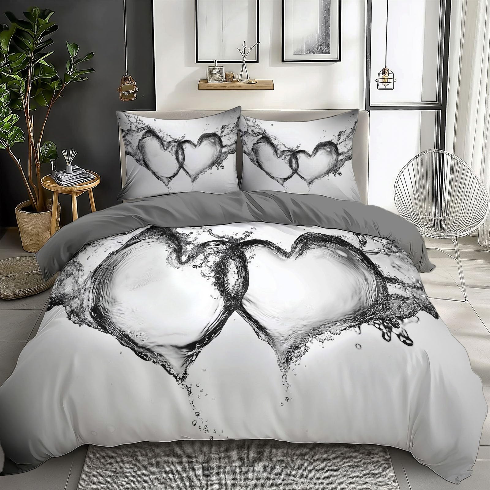 Gray Duvet Cover Twin Size 2 Pieces Heart Splash, Bedding Set Room Decor Bedspread for Kids Teens, Comforter Quilt Cover Bedding Set with Pillow Sham
