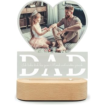 Geschenkfreude Personalised Photo on Acrylic Glass - Dad Picture Frame Illuminated LED - Gift Ideas for Father's Day - Father's Day Gifts - Best Dad Photo Night Lamp Personalised Heart