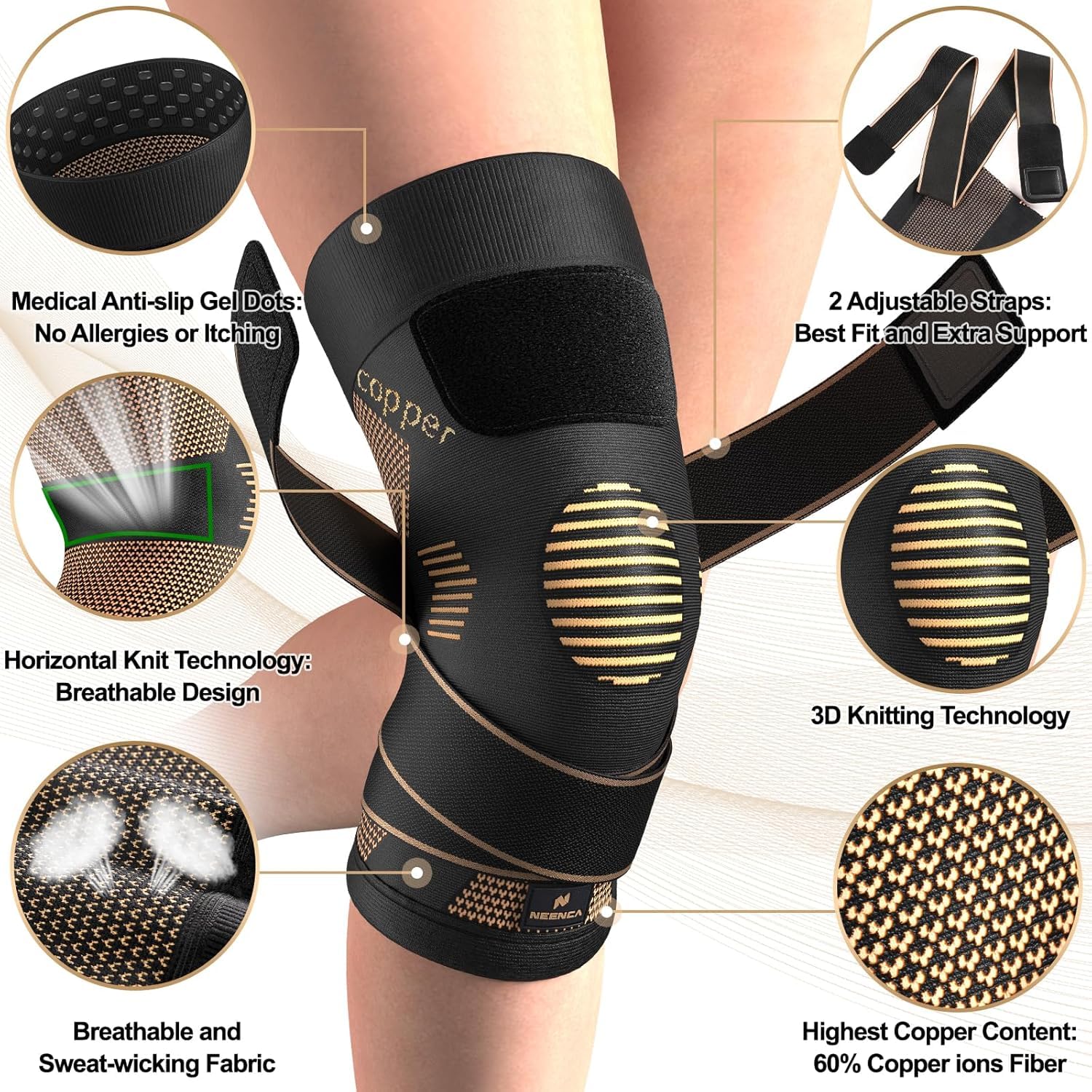 NEENCA Rodillera de Cobre Con Correas,Rodilleras de Compresión para Dolor de Rodilla, Artritis, Ligamento Cruzado Anterior, Desgarro de Menisco, Alivio Del Dolor en Las Articulaciones