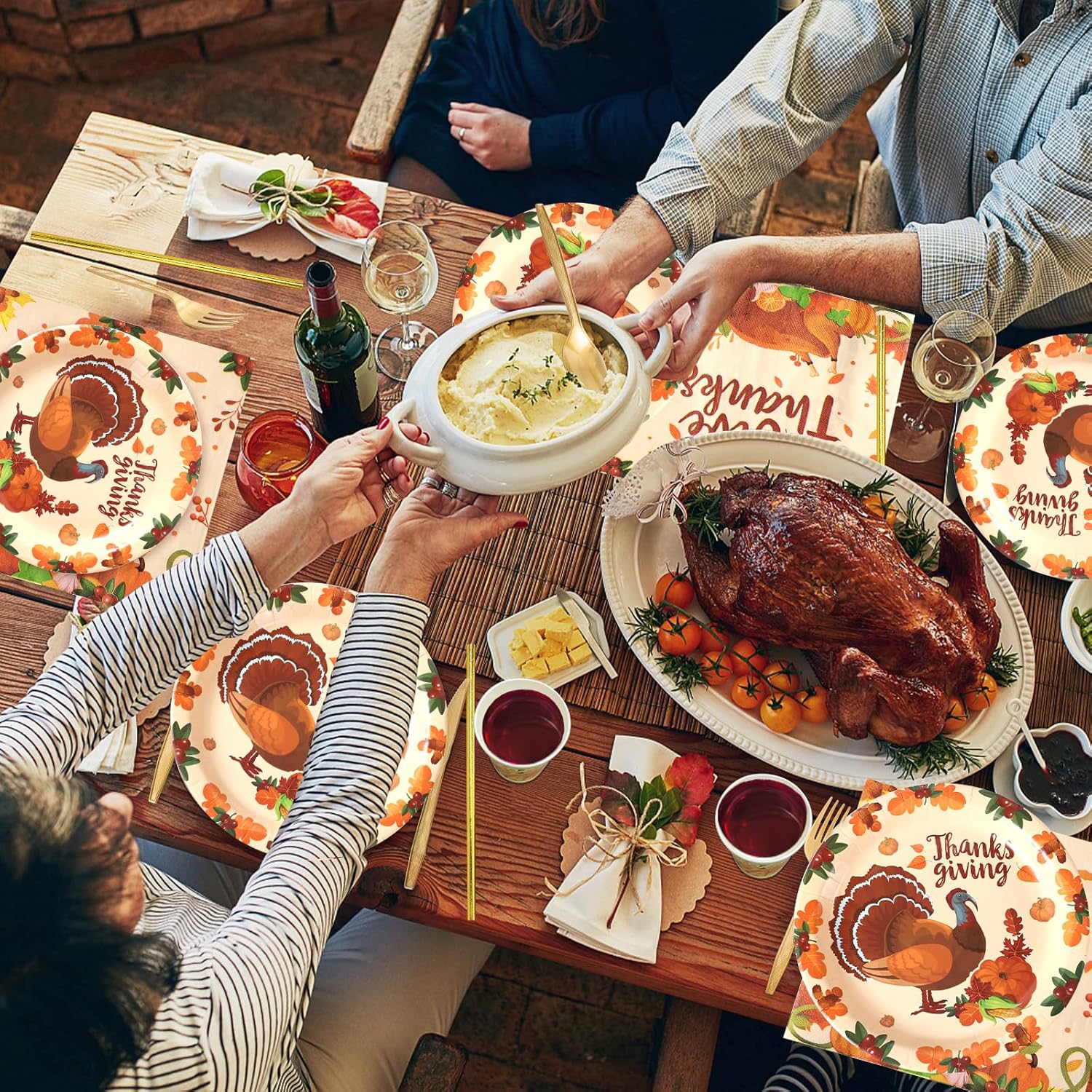 192 PCS Thanksgiving Party Supplies Disposable Plates, 24 Paper Plates,Cups,Straws,Napkins,Knives,Forks and Spoons Dinnerware Sets for 24 Guests with Safe Food Oil Printed Turkey Design