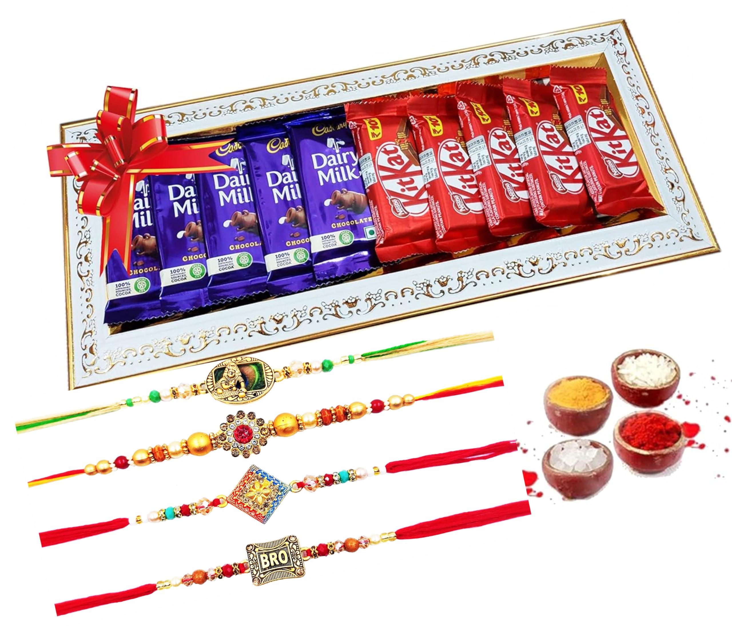 Rakhi with Chocolate Hamper for Little Brother/Elder Brother | Rakhi Chocolate Wooden Mdf Tray with Dairy Milk n Kitkat Chocolates with 4 Rakhi set, Tilak (B0B46JJ9DZ) Amazon Price History, Amazon Price Tracker