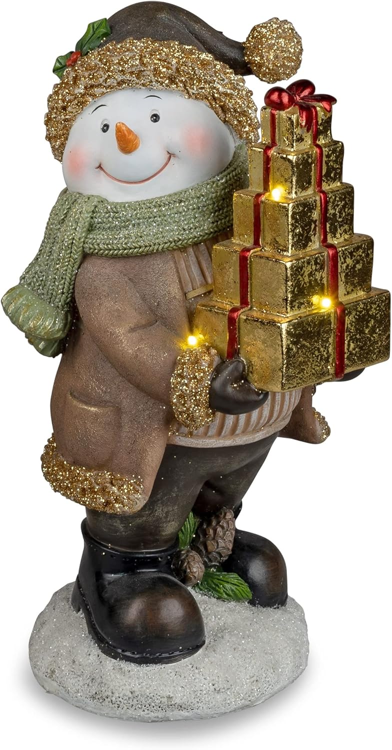 dekojohnson DekoFigur LED Schneemann mit goldfarbenen Geschenken