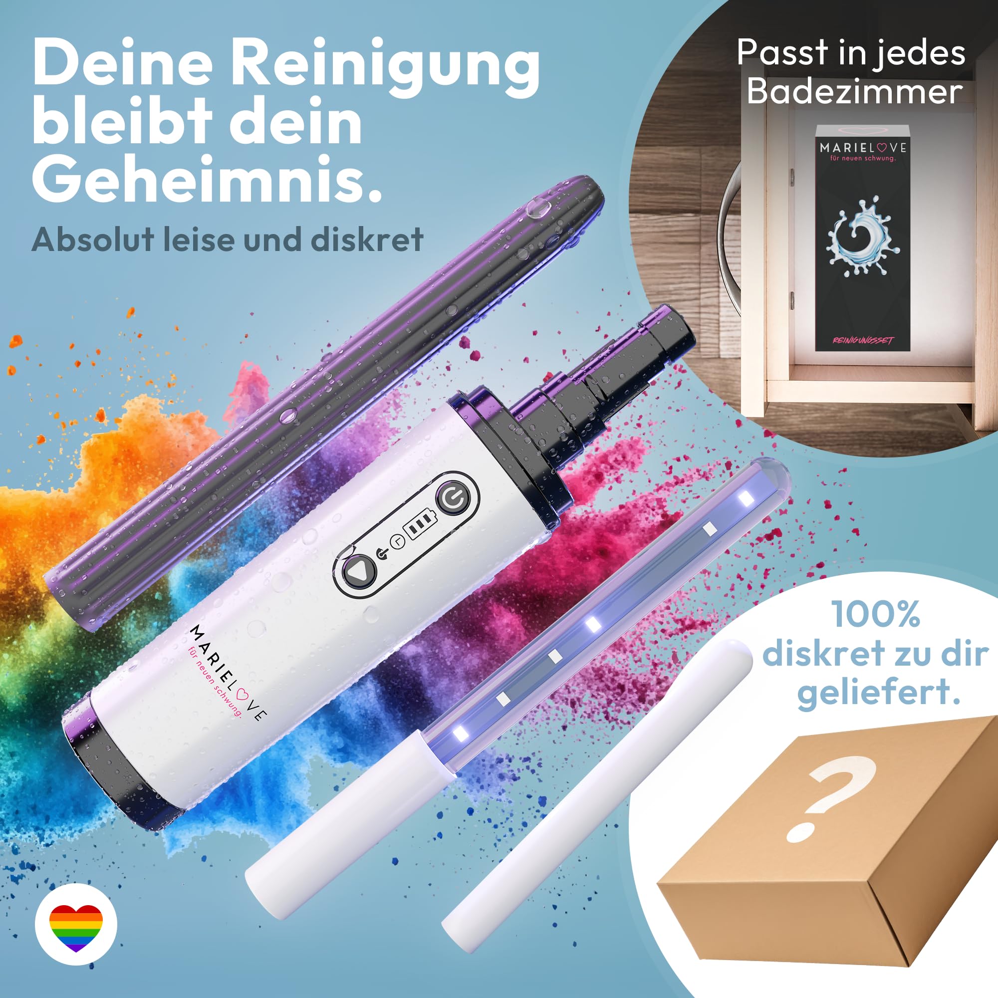 marielove Analdusche & Intimdusche 18cm auch Reinigung für Sexpuppen, Torsos & Masturbatoren – Stark + Akku + UV Sterilisator – Hygienische Anal Po Spülung & Tiefenreinigung – Version 2025