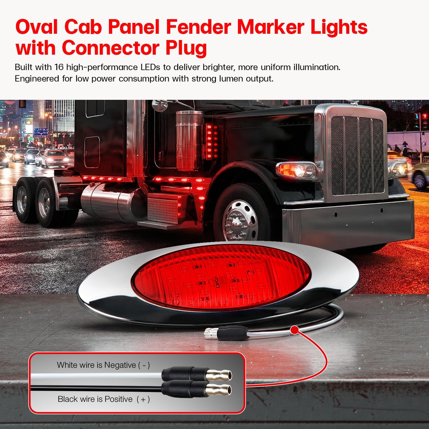 Pack of 5 6.5” Oval LED Red Cab Panel Fender Marker Lights with Connector Plug, 16 LEDs Clearance Lights, Chrome Bezel, 12V DC for Truck Trailer Pickup RV
