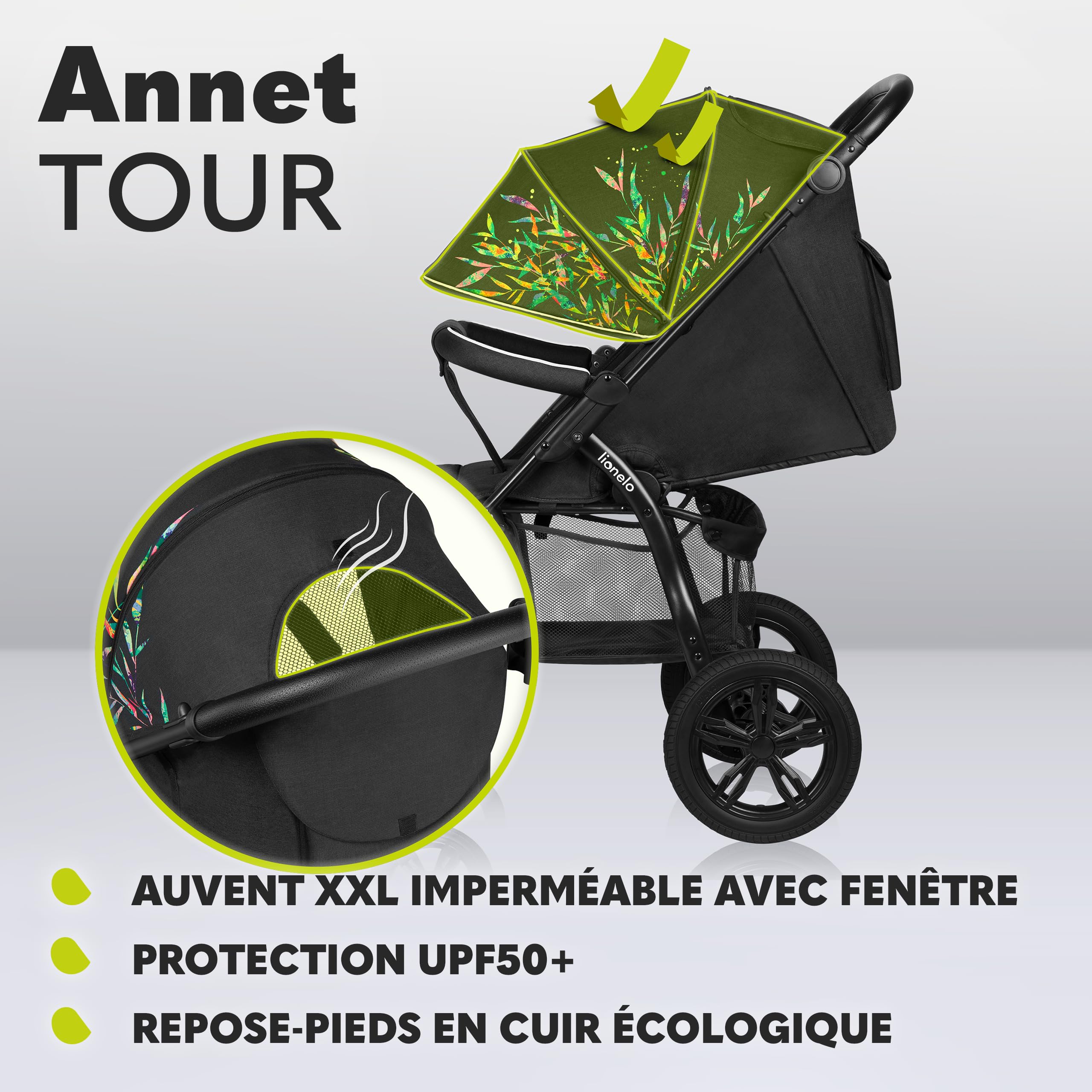 LIONELO Annet Tour poussette canne universelle jusqu'à 22 kg, réglage du dossier jusqu’à la position allongée, roues sans entretien, auvent imperméable XXL, ceintures à 5 points (dreamin)
