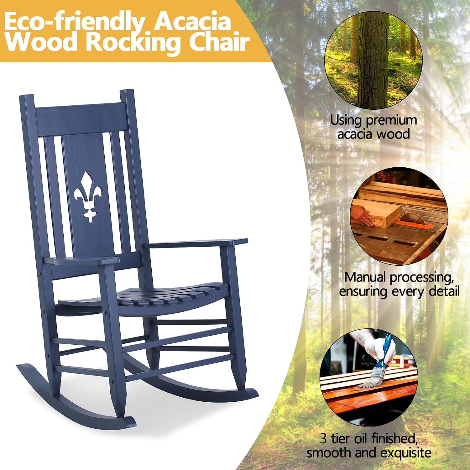 PHI VILLA 2 PCS Outdoor Rocking Chairs, Acacia Wood High Back Oversized Rocker Chairs with Pattern Design for Patio, Deck, Balcony, Porch or Indoor Use, 30° Safe Recline Support 350lbs - Gray