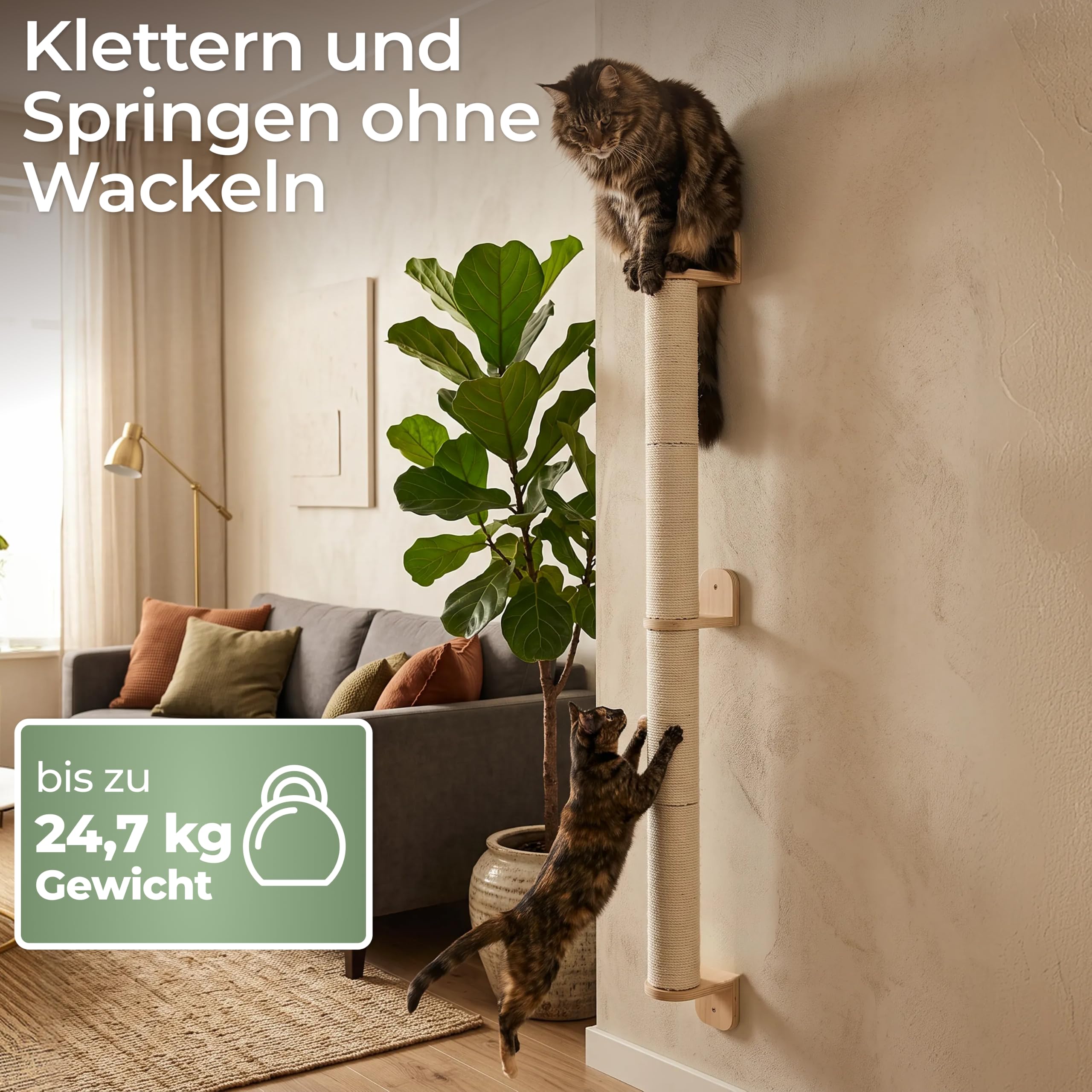 WOOWOOD Kratzsäule XXL 154 cm, Kratzstamm Wandmontage, Natursisal