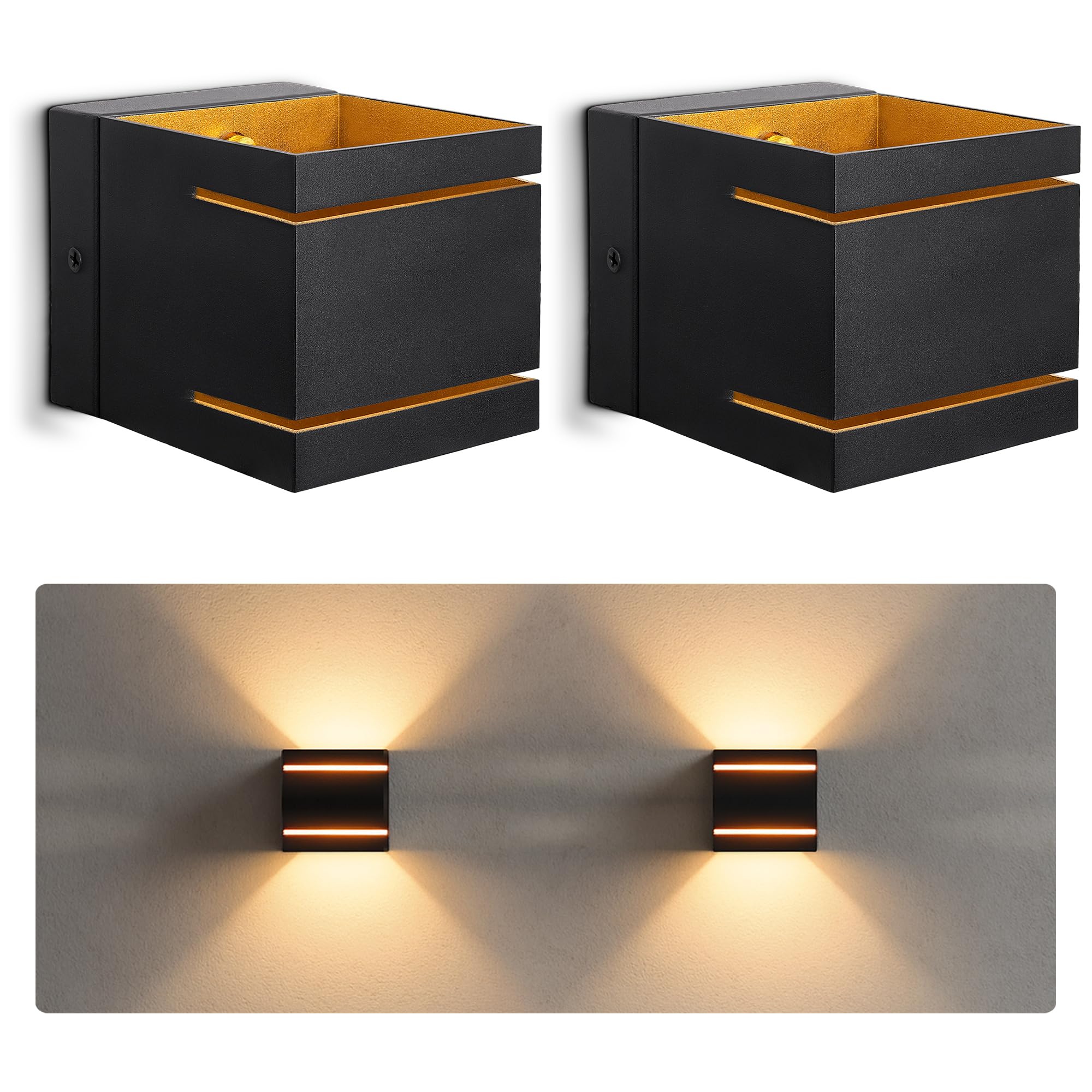 SSC-LUXon KOURA Lot de 2 appliques murales LED G9 noir or éclairage indirect double fente lumineuse Up & Down