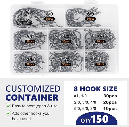 Miniatura 4 de UCEC Ganchos circulares de pesca, 2 ganchos circulares fuertes compensados, para agua salada, negro, acero de alto carbono, pulpo, bagre, anzuelos